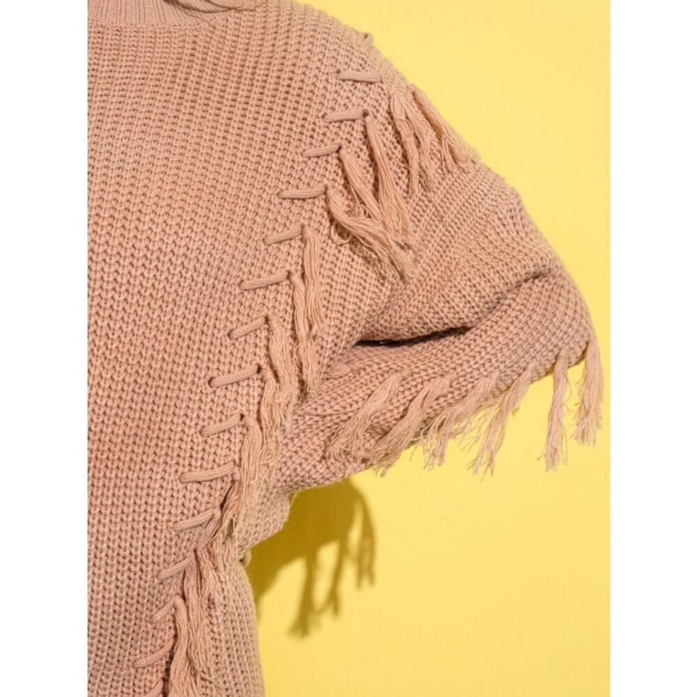 Chunky Fringe Sweater Boho Knit Tan Oversized Size S/M - Picture 4 of 5